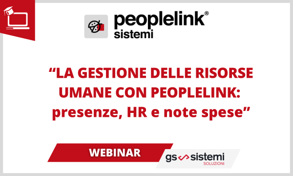 Immagine rettangolare con in alto il logo PEOPLELINK e al centro il titolo "la gestione delle risorse umane con PEOPLELINK: presenze, hr e note spese"